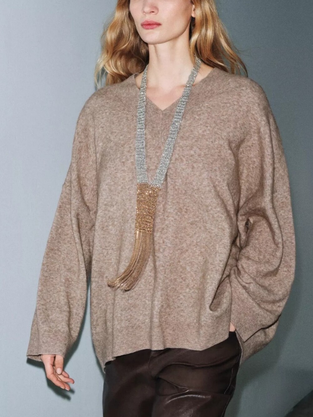 Zara Oversized Wool Blend Marled V-Neck Sweater Mink Marl Taupe Academia Warm